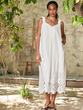 White Eyelet Border Maxi Dress with Decorative Shoulder Straps